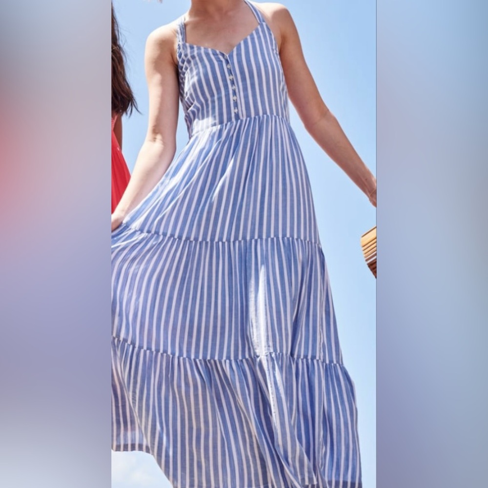 Old Navy blue and white striped tiered midi/maxi dress NWOT